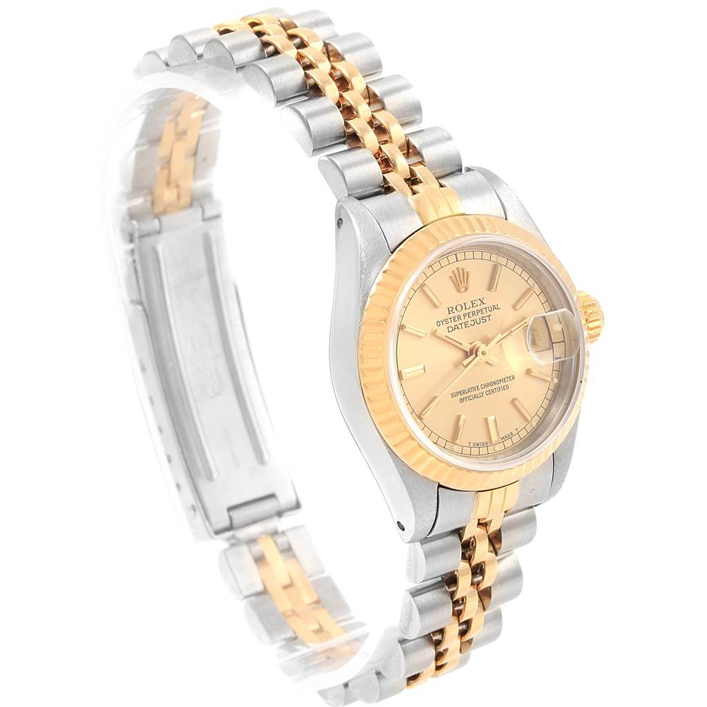 The image shows a Rolex Datejust 69173 Women's Stainless Steel Champagne Dial 69173 Women's Stainless Steel Champagne Dial watch from a three-quarter angle, highlighting its bezel, dial, and bi-tone bracelet.
