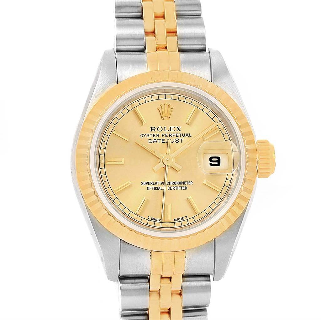 The image shows a frontal view of a Rolex Datejust 69173 Women's Stainless Steel Champagne Dial 69173 Women's Stainless Steel Champagne Dial watch, highlighting its dial, bezel, and bracelet.