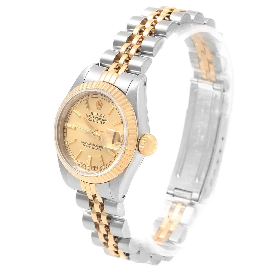 This Rolex Datejust 69173 Women's Stainless Steel Champagne Dial 69173 Women's Stainless Steel Champagne Dial watch is shown at a slight angle, featuring the dial, crown, and part of the jubilee bracelet.