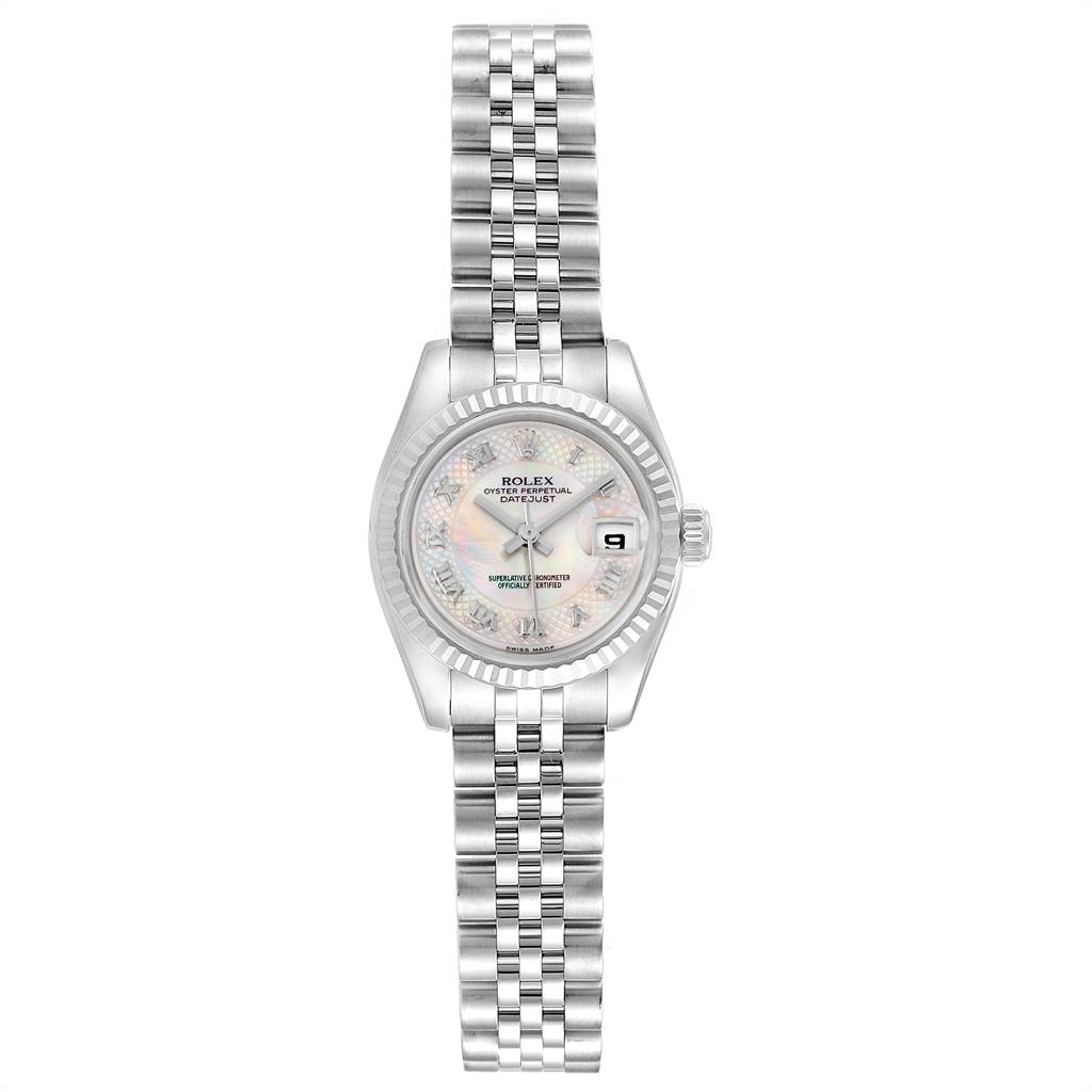 This image shows a frontal view of a Rolex Datejust 179174 Women's Stainless Steel Mother of Pearl Dial 179174 Women's Stainless Steel Mother of Pearl Dial watch, featuring its dial, bezel, and bracelet.