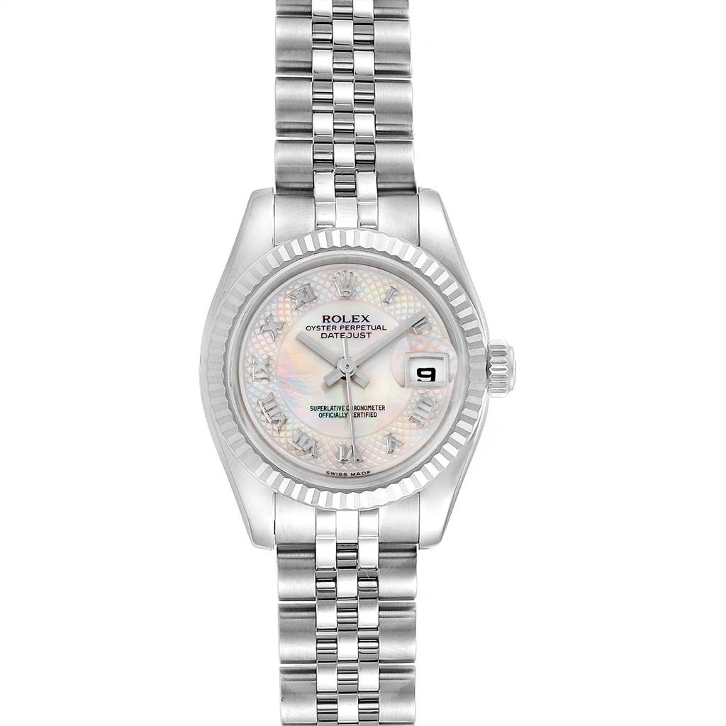 The image shows a Rolex Datejust 179174 Women's Stainless Steel Mother of Pearl Dial 179174 Women's Stainless Steel Mother of Pearl Dial watch from a top-down angle, highlighting its dial, fluted bezel, and bracelet.