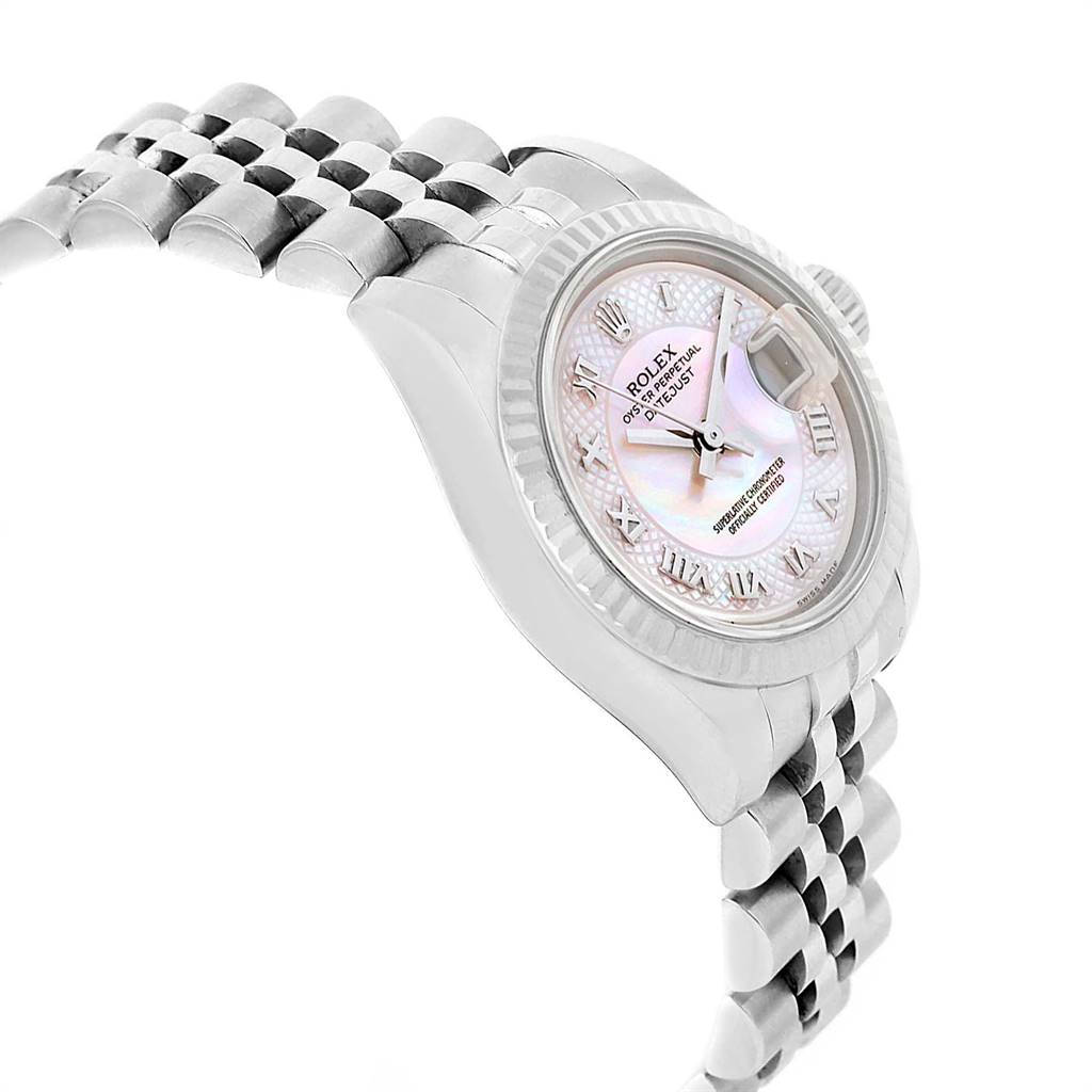 The image shows a Rolex Datejust 179174 Women's Stainless Steel Mother of Pearl Dial 179174 Women's Stainless Steel Mother of Pearl Dial watch at a slight angle, displaying its face, bezel, and part of the bracelet.