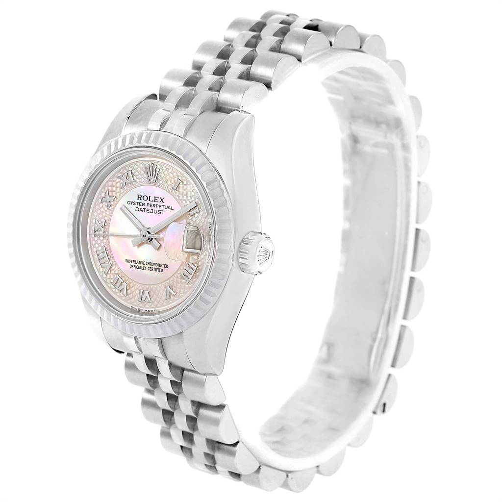 This image showcases a Rolex Datejust 179174 Women's Stainless Steel Mother of Pearl Dial 179174 Women's Stainless Steel Mother of Pearl Dial watch with a side and partial front view, highlighting its dial, bezel, crown, and bracelet.