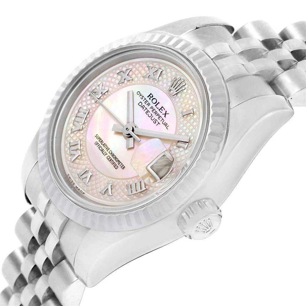 The image shows a close-up of the Rolex Datejust 179174 Women's Stainless Steel Mother of Pearl Dial 179174 Women's Stainless Steel Mother of Pearl Dial model, including the bezel, dial, crown, and part of the bracelet.