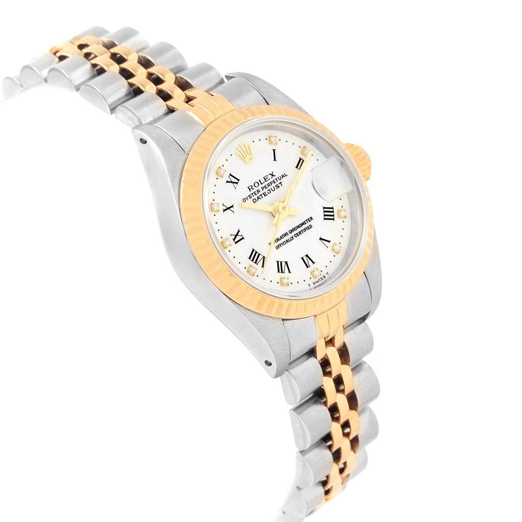 This image shows a Rolex Datejust 69173 Women's Stainless Steel White Dial 69173 Women's Stainless Steel White Dial watch angled to display the face, bezel, and part of the bracelet.
