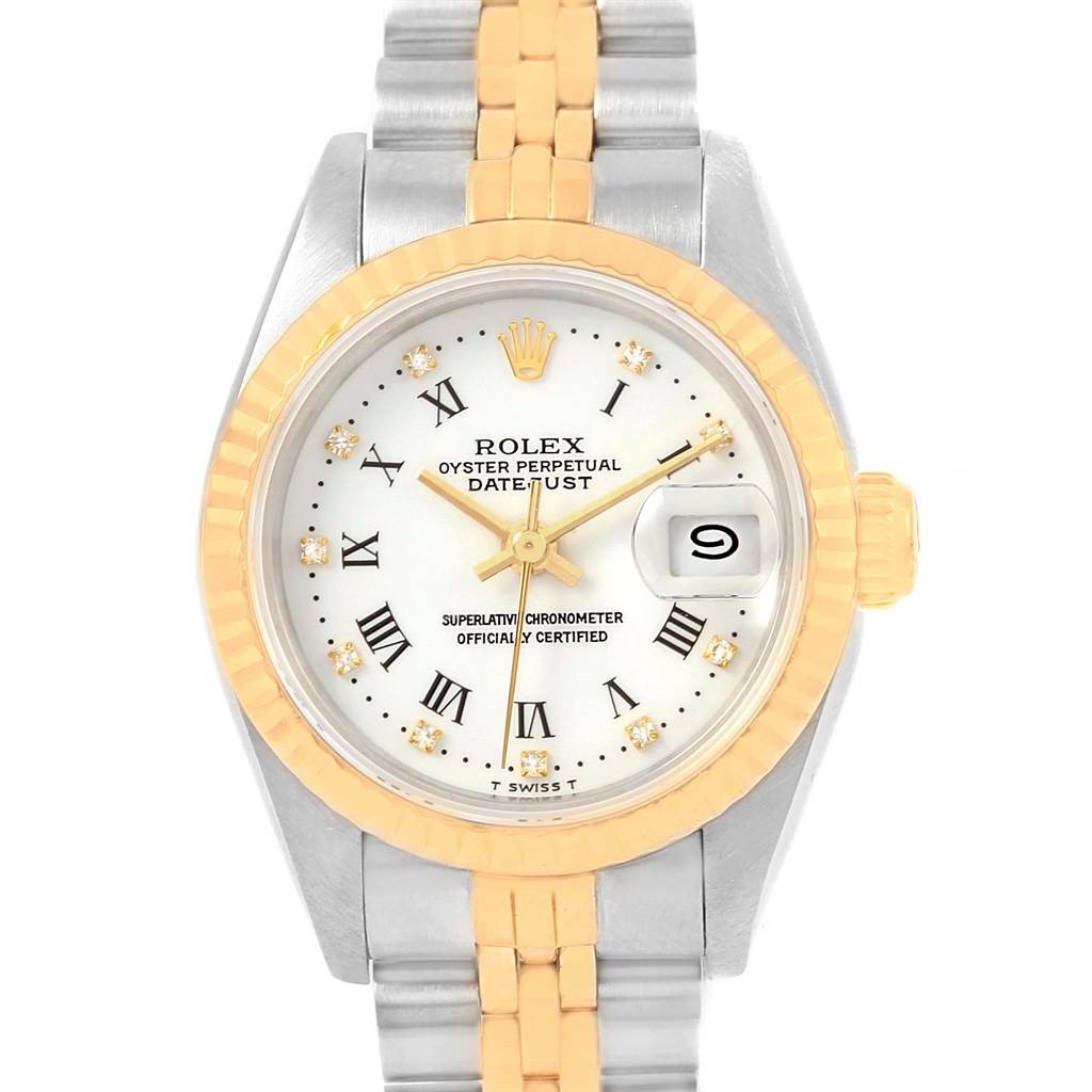 This image shows a front view of a Rolex Datejust 69173 Women's Stainless Steel White Dial 69173 Women's Stainless Steel White Dial watch, displaying the dial, bezel, bracelet, and date window.