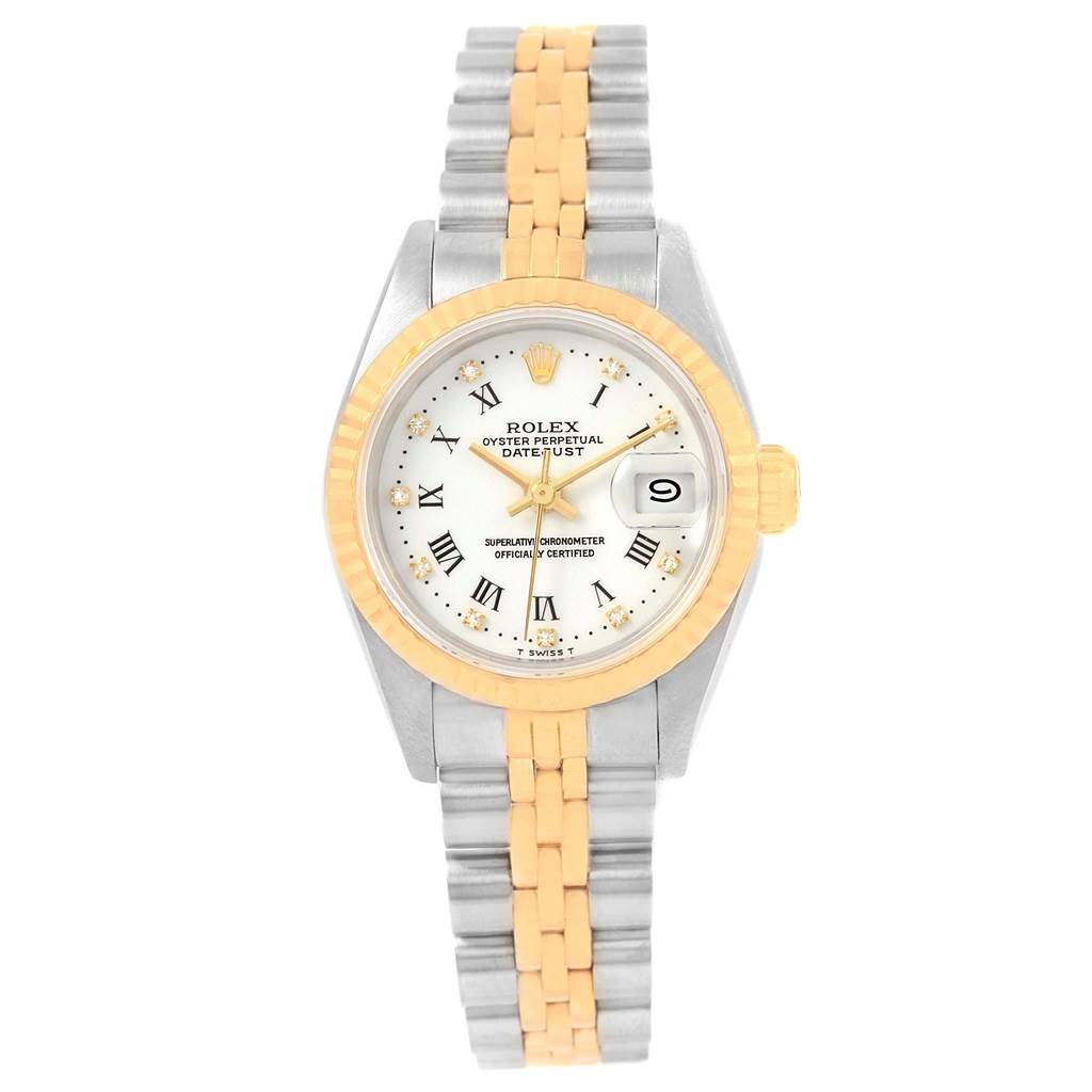 This image shows a front view of a Rolex Datejust 69173 Women's Stainless Steel White Dial 69173 Women's Stainless Steel White Dial watch with a two-tone bracelet and a gold fluted bezel.