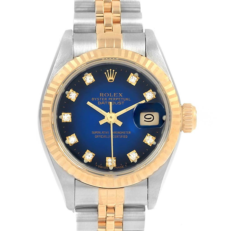 Rolex Datejust Yellow Gold Steel Blue Vignette Diamond Ladies Watch 69173 SwissWatchExpo