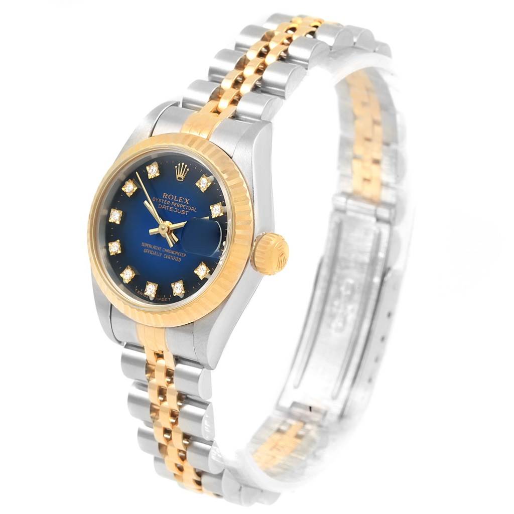 The image shows a Rolex Datejust 69173 Women's Stainless Steel Blue Dial 69173 Women's Stainless Steel Blue Dial watch at a slight angle, displaying the face, bezel, crown, and part of the bracelet.