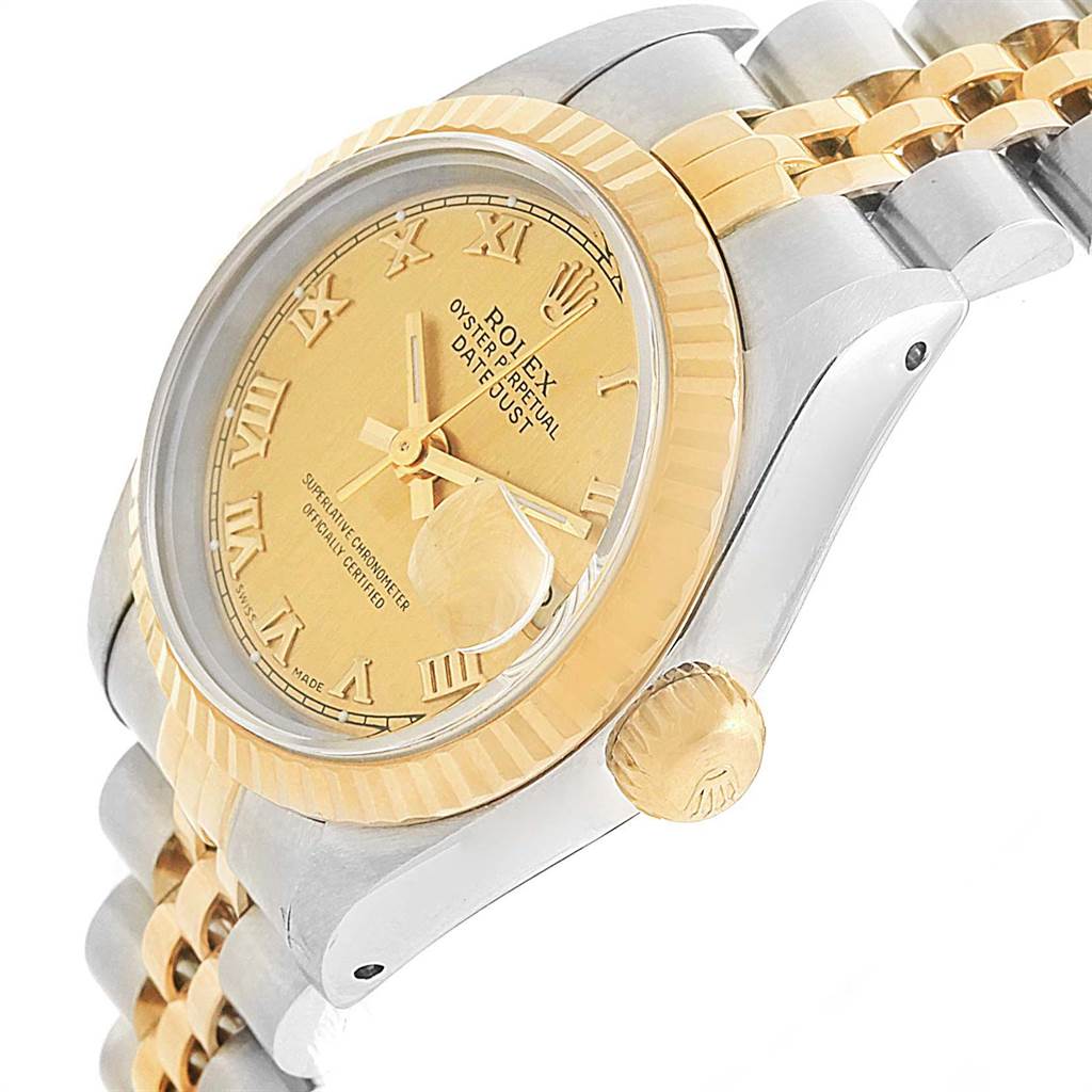The image shows a side angle, displaying the face, bezel, crown, and part of the bracelet of the Rolex Datejust 69173 Women's Stainless Steel Champagne Dial 69173 Women's Stainless Steel Champagne Dial model.