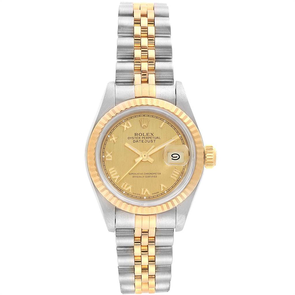 The image shows a front view of a Rolex Datejust 69173 Women's Stainless Steel Champagne Dial 69173 Women's Stainless Steel Champagne Dial watch, highlighting its face, bezel, and two-tone bracelet.