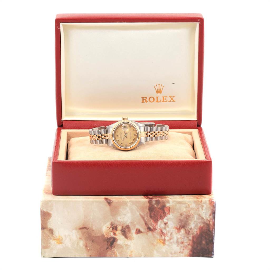 The image shows a Rolex Datejust 69173 Women's Stainless Steel Champagne Dial 69173 Women's Stainless Steel Champagne Dial watch inside an open red Rolex box, viewed from the front.