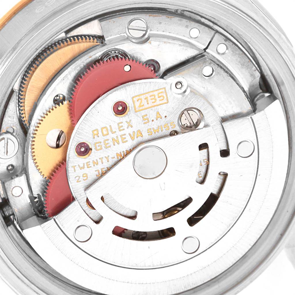 This is a close-up view of the movement mechanism of a Rolex Datejust 69173 Women's Stainless Steel Champagne Dial 69173 Women's Stainless Steel Champagne Dial watch.