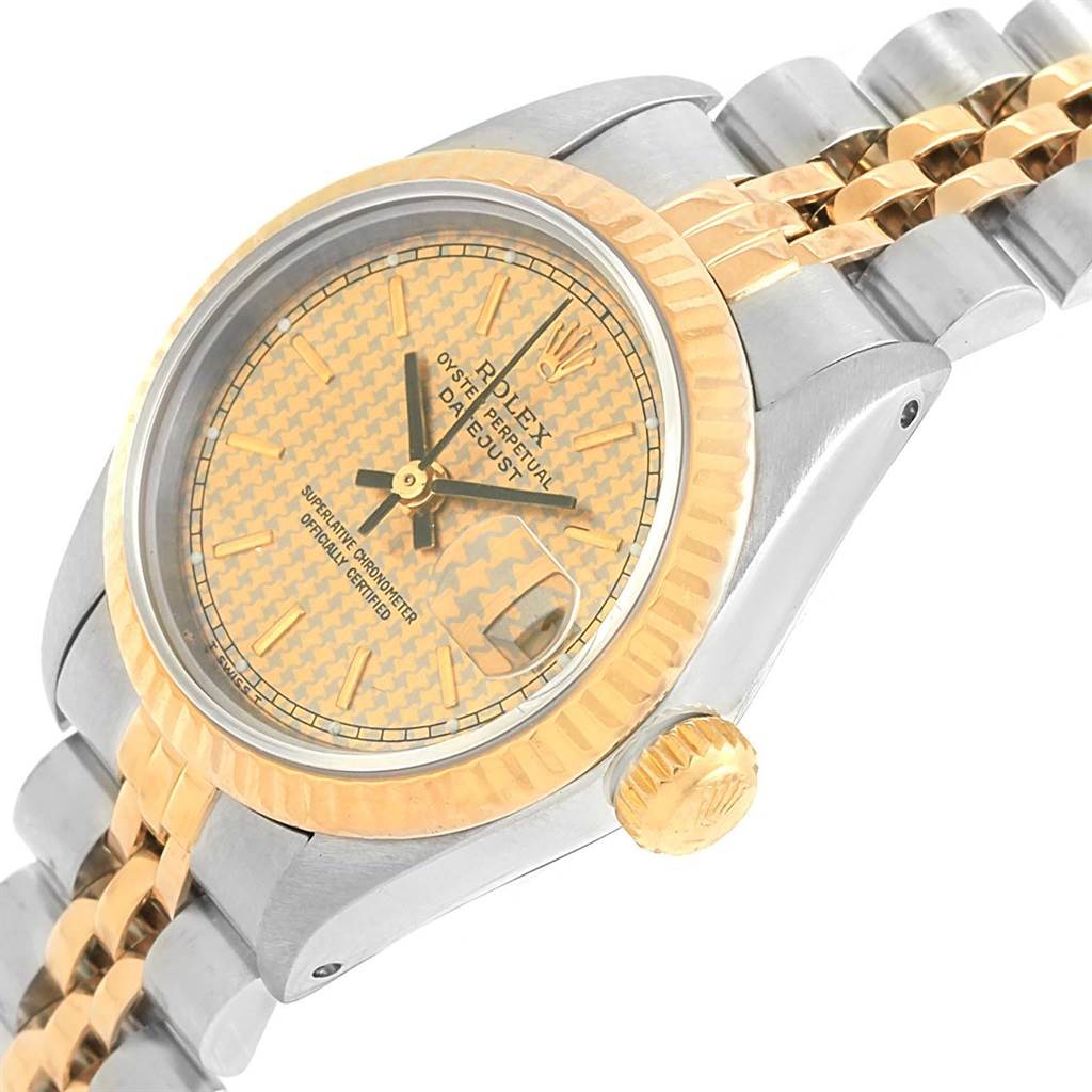 The image shows a close-up of a Rolex Datejust 69173 Women's Stainless Steel Champagne Dial 69173 Women's Stainless Steel Champagne Dial watch displaying the bezel, dial, crown, and part of the bracelet.