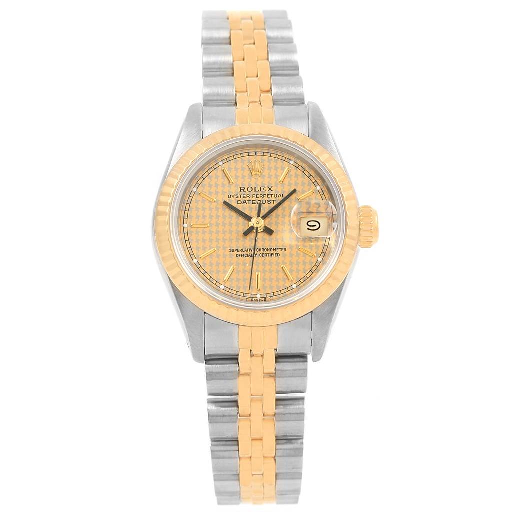 The Rolex Datejust 69173 Women's Stainless Steel Champagne Dial 69173 Women's Stainless Steel Champagne Dial watch is shown from a top-down angle, displaying its face, dial, bezel, and bracelet.