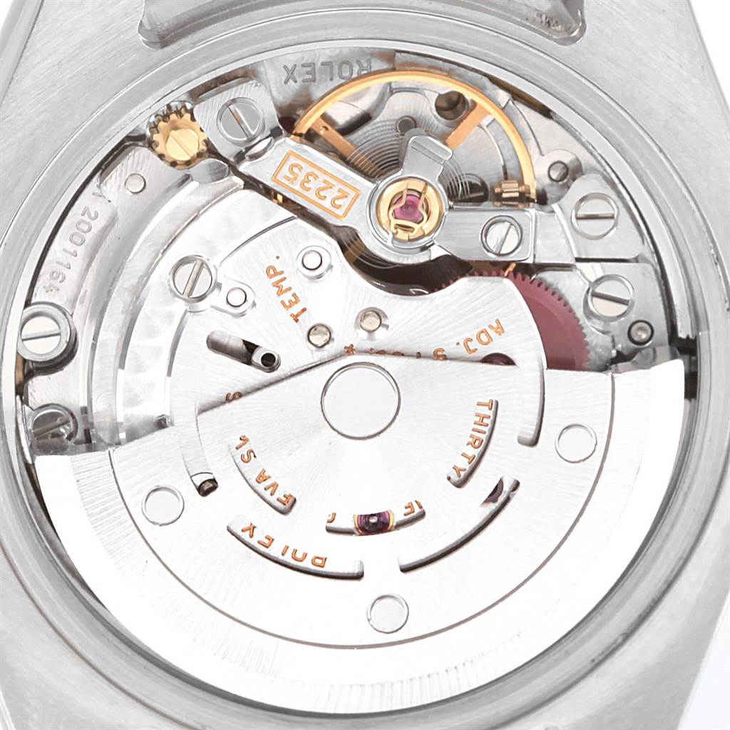 This image shows a close-up view of the movement inside a Rolex Datejust 179174 Women's Stainless Steel Mother of Pearl Dial 179174 Women's Stainless Steel Mother of Pearl Dial watch, highlighting the intricate mechanisms.