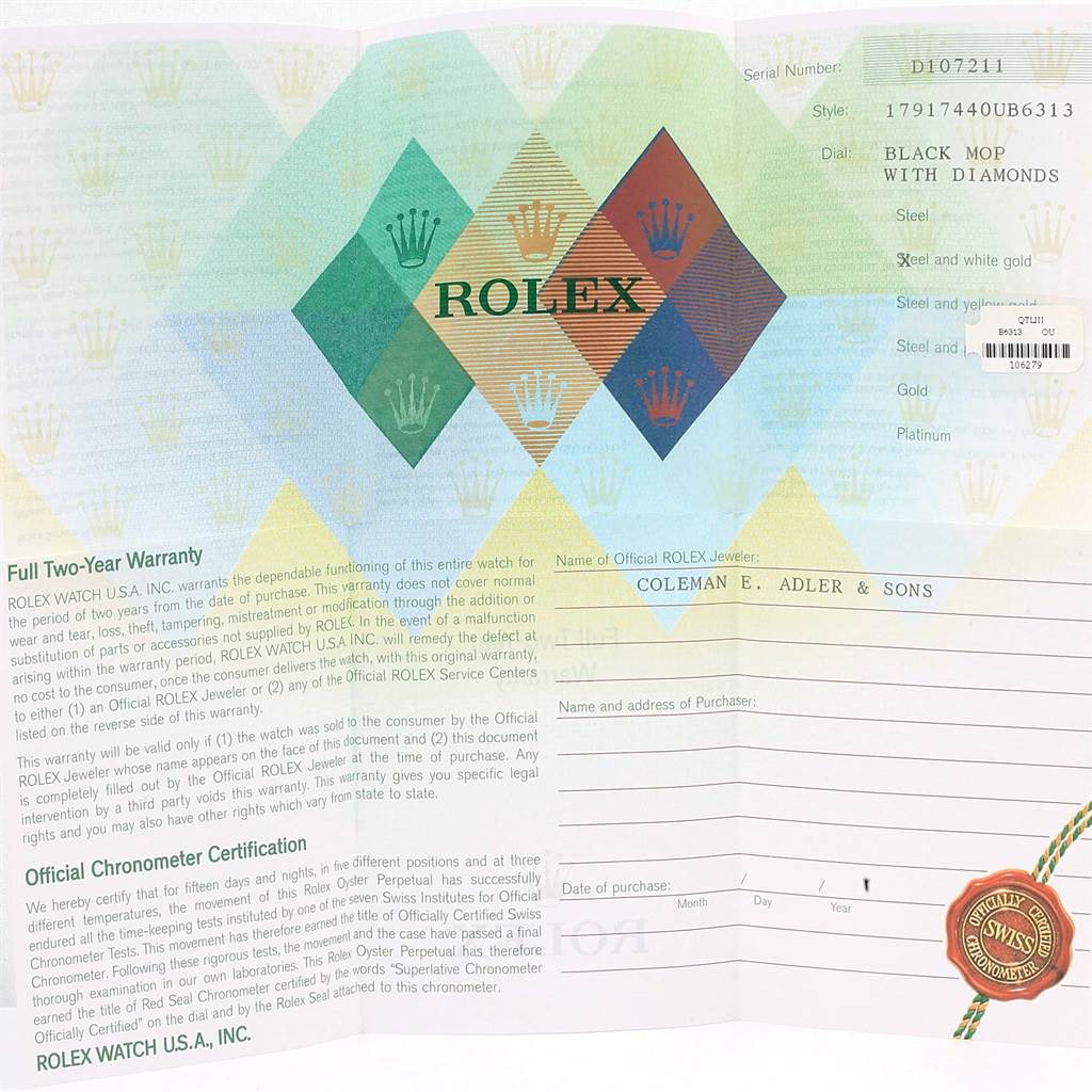 The image shows the warranty and certification papers for the Rolex Datejust 179174 Women's Stainless Steel Mother of Pearl Dial 179174 Women's Stainless Steel Mother of Pearl Dial model, not the watch itself.