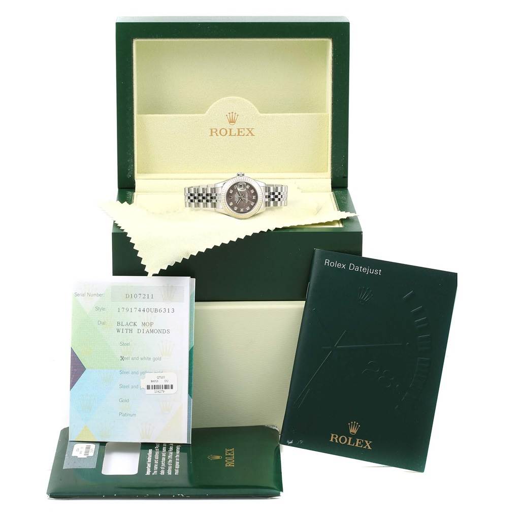 The image shows a Rolex Datejust 179174 Women's Stainless Steel Mother of Pearl Dial 179174 Women's Stainless Steel Mother of Pearl Dial watch inside its box, accompanied by documentation and an accessory pouch, viewed from the front.