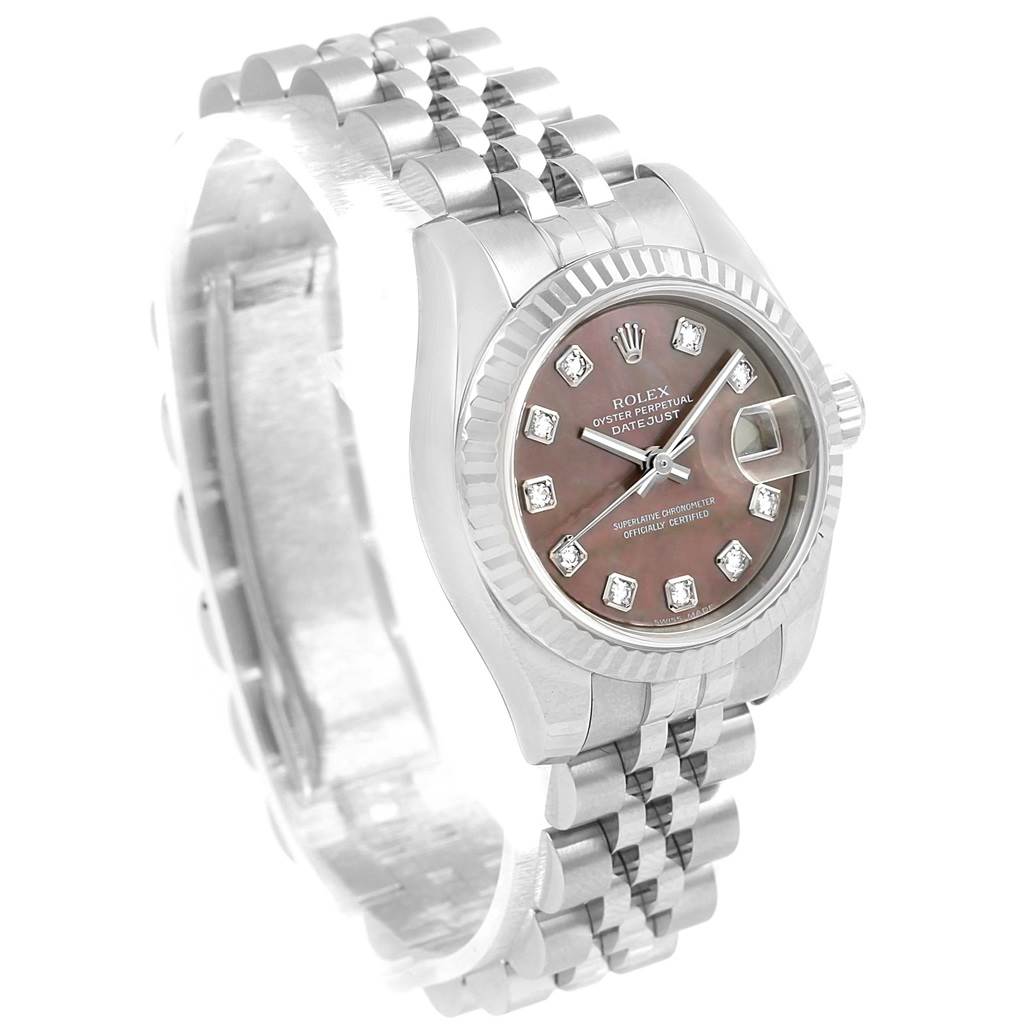 This image shows a Rolex Datejust 179174 Women's Stainless Steel Mother of Pearl Dial 179174 Women's Stainless Steel Mother of Pearl Dial watch at an oblique angle, highlighting the face, bezel, and bracelet.