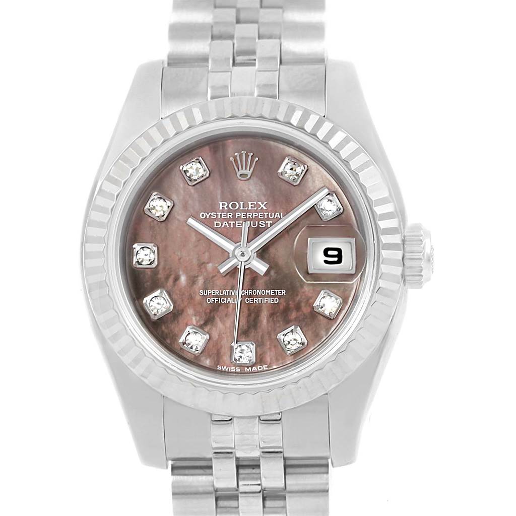 This image shows a Rolex Datejust 179174 Women's Stainless Steel Mother of Pearl Dial 179174 Women's Stainless Steel Mother of Pearl Dial watch from a top-down angle, highlighting the dial, bezel, and part of the bracelet.