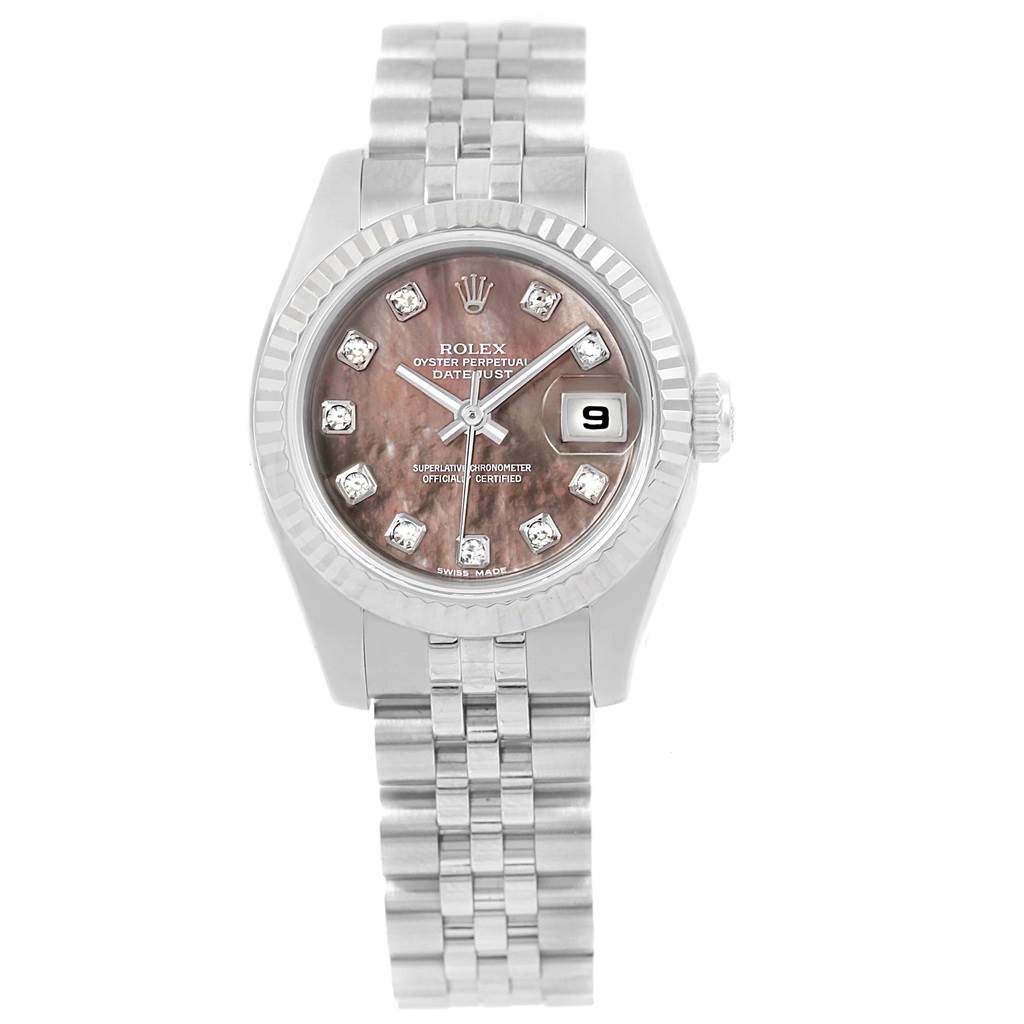 The Rolex Datejust 179174 Women's Stainless Steel Mother of Pearl Dial 179174 Women's Stainless Steel Mother of Pearl Dial watch is shown from a top-down angle, highlighting the dial, bezel, and bracelet.