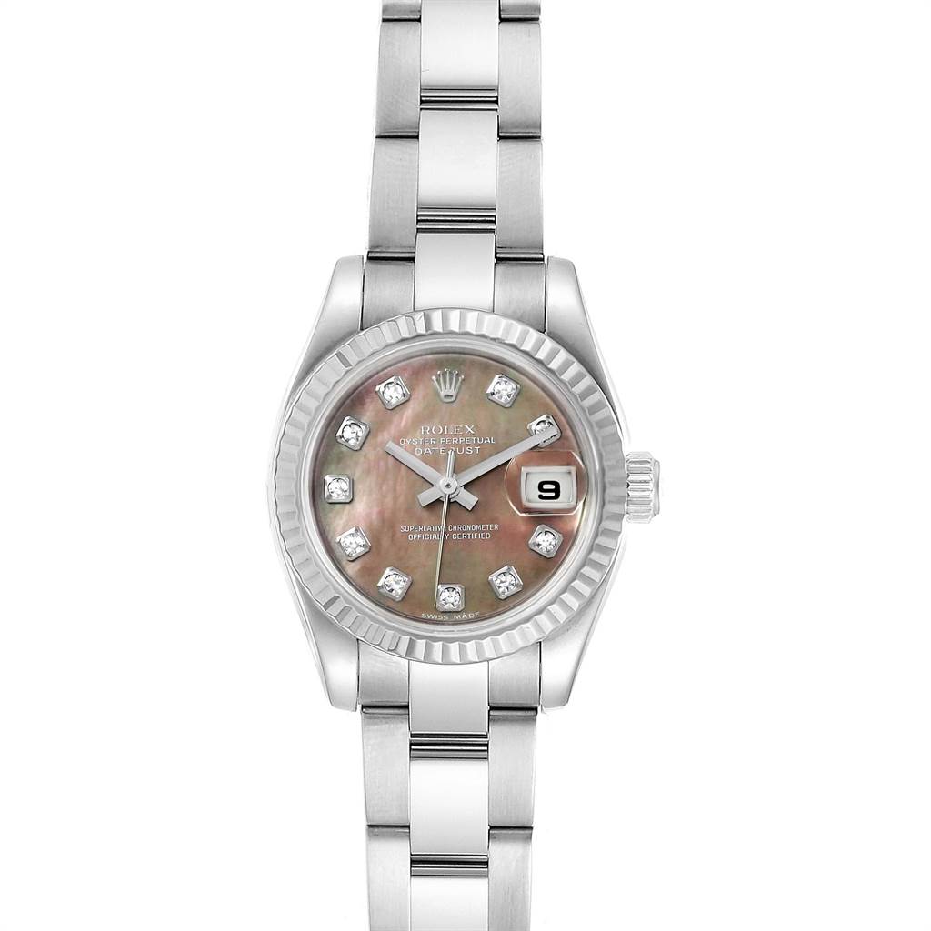 This is a front-view image of the Rolex Datejust 179174 Women's Stainless Steel Mother of Pearl Dial 179174 Women's Stainless Steel Mother of Pearl Dial watch showcasing its face, bracelet, and bezel.