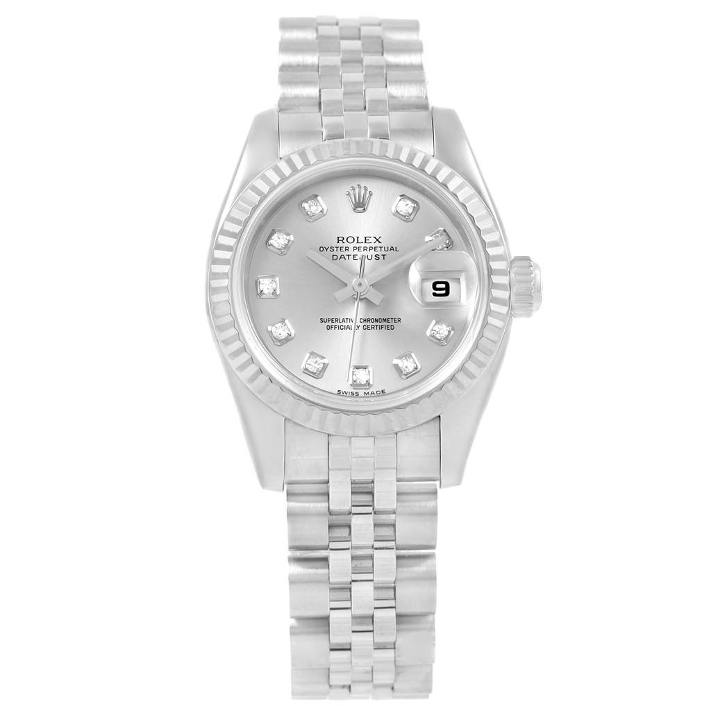 The image shows the front view of a Rolex Datejust 179174 Women's Stainless Steel Silver Dial 179174 Women's Stainless Steel Silver Dial watch, displaying its face, bezel, and part of the bracelet.