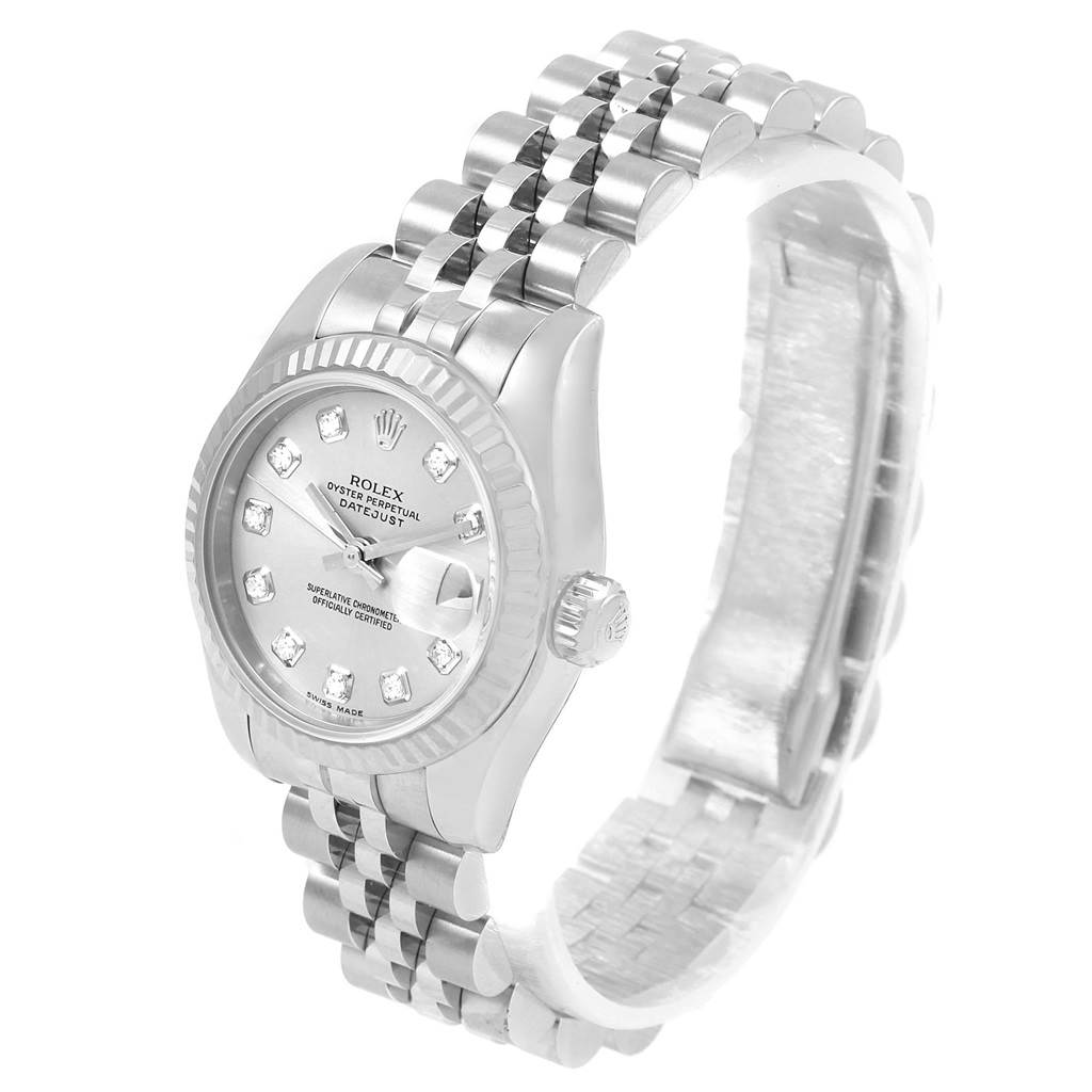 This image shows a Rolex Datejust 179174 Women's Stainless Steel Silver Dial 179174 Women's Stainless Steel Silver Dial watch at an angled view with visible dial, bezel, crown, and bracelet.