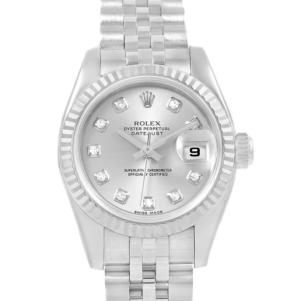 The image shows a front view of a Rolex Datejust 179174 Women's Stainless Steel Silver Dial 179174 Women's Stainless Steel Silver Dial watch, highlighting its dial, bezel, and part of the bracelet.