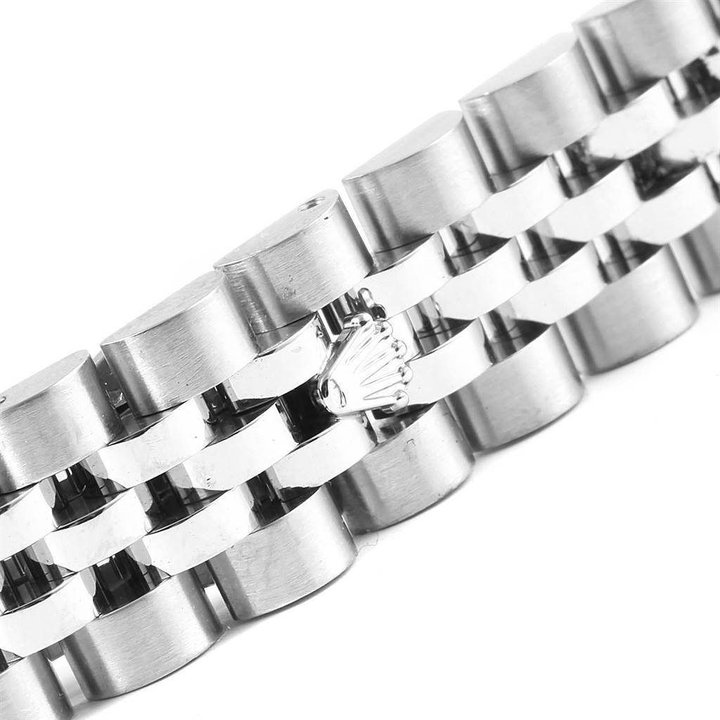 This close-up image shows the bracelet section of the Rolex Datejust 179174 Women's Stainless Steel Silver Dial 179174 Women's Stainless Steel Silver Dial, featuring the Rolex crown logo.