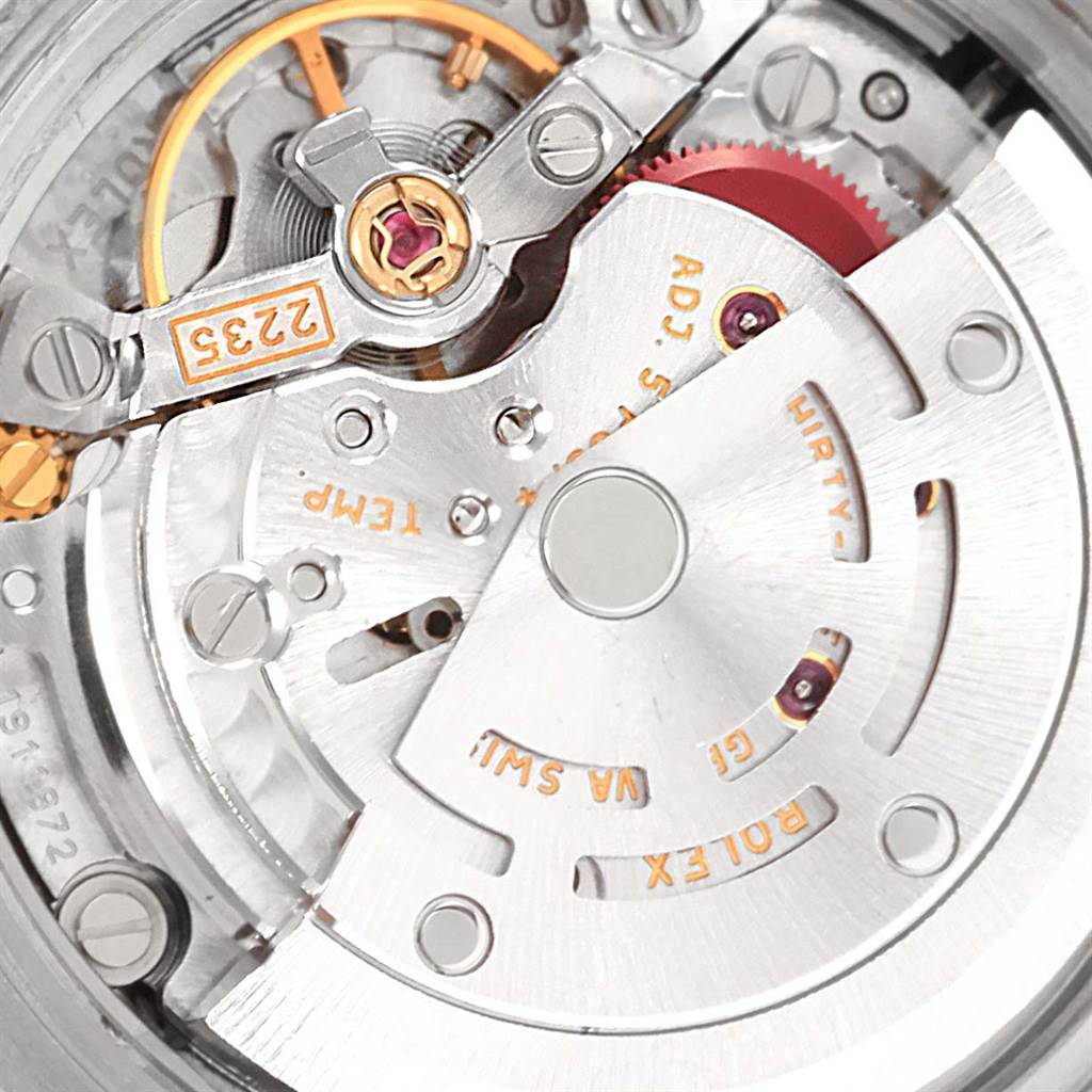 This is a close-up of the internal mechanism, or movement, of a Rolex Datejust 179174 Women's Stainless Steel Silver Dial 179174 Women's Stainless Steel Silver Dial watch.