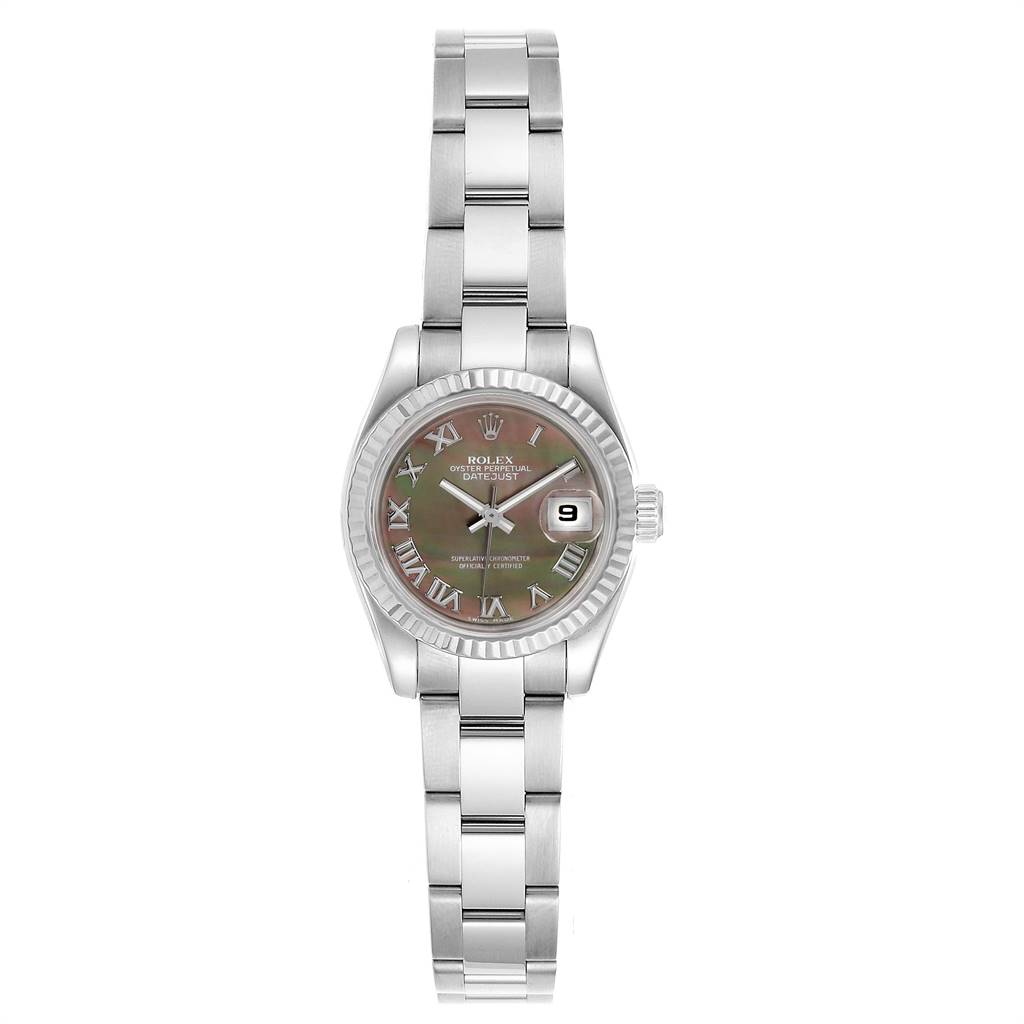 This image shows a frontal view of a Rolex Datejust 179174 Women's Stainless Steel Mother of Pearl Dial 179174 Women's Stainless Steel Mother of Pearl Dial watch, displaying its face, bezel, and metal bracelet.