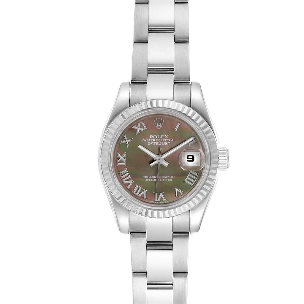 The image shows the front view of a Rolex Datejust 179174 Women's Stainless Steel Mother of Pearl Dial 179174 Women's Stainless Steel Mother of Pearl Dial watch, displaying its dial, hands, date window, bezel, and bracelet.