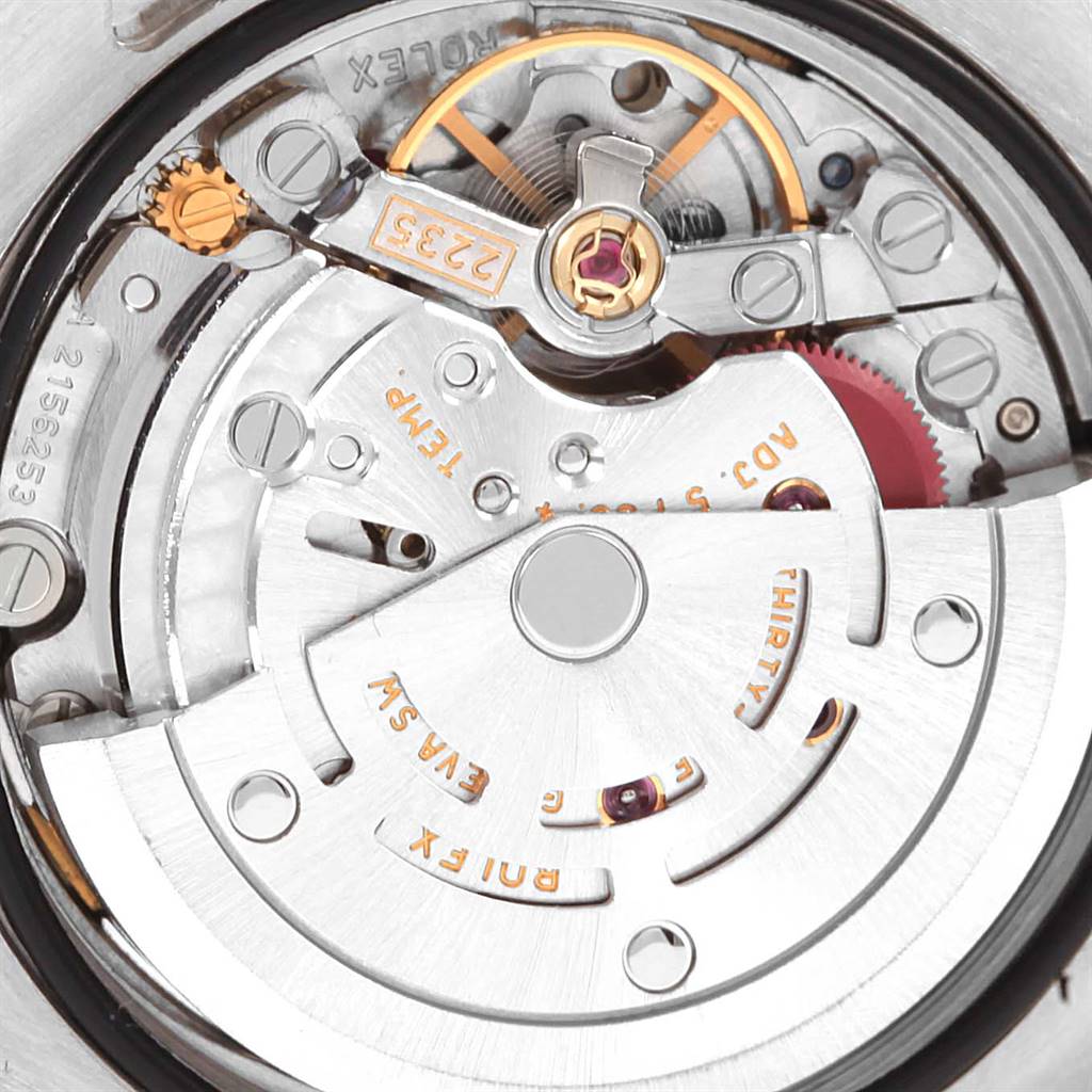 This image shows the intricate movement mechanism of the Rolex Datejust 179174 Women's Stainless Steel Mother of Pearl Dial 179174 Women's Stainless Steel Mother of Pearl Dial watch from a close-up angle.