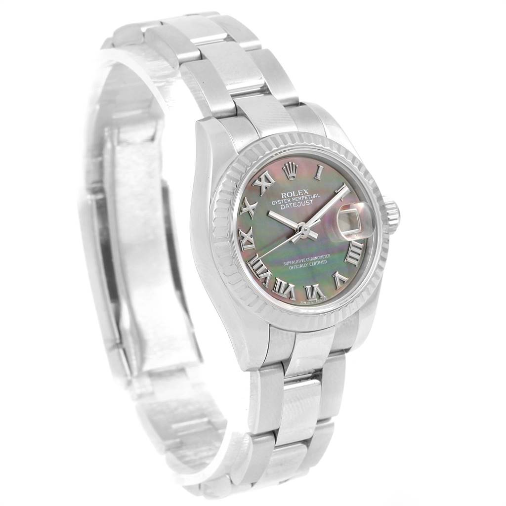 The Rolex Datejust 179174 Women's Stainless Steel Mother of Pearl Dial 179174 Women's Stainless Steel Mother of Pearl Dial watch is shown at a slight angle, displaying the dial, bezel, crown, and part of the metal bracelet.