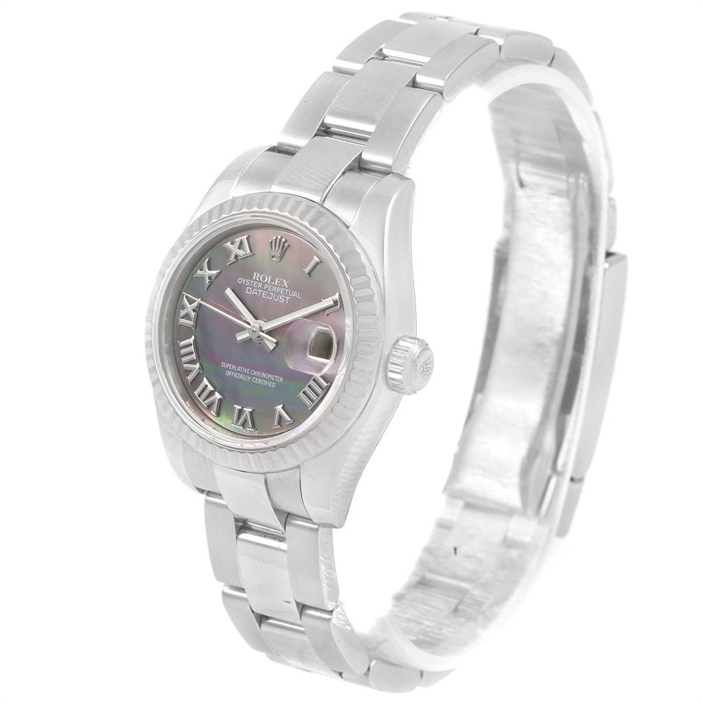 The image shows a Rolex Datejust 179174 Women's Stainless Steel Mother of Pearl Dial 179174 Women's Stainless Steel Mother of Pearl Dial watch at a slight angle displaying the dial, bezel, crown, and bracelet.