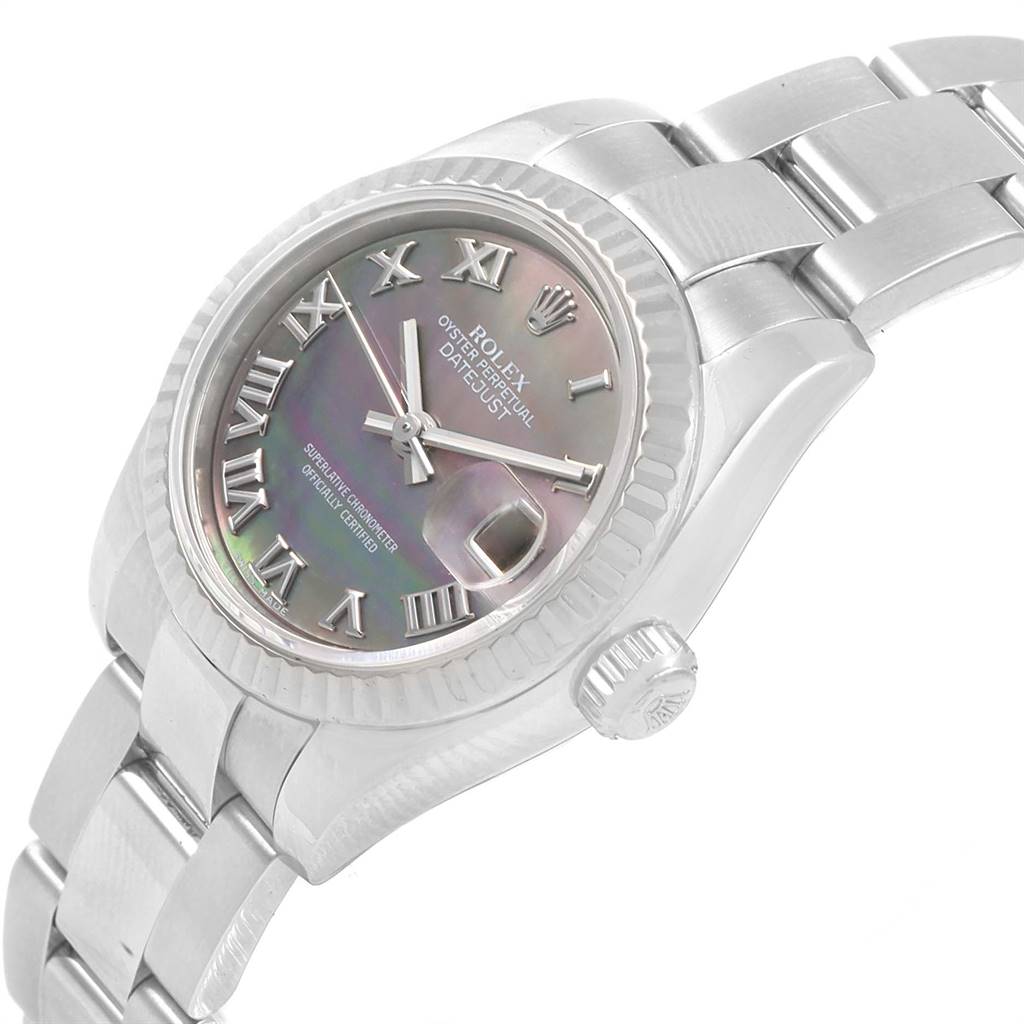The image shows a Rolex Datejust 179174 Women's Stainless Steel Mother of Pearl Dial 179174 Women's Stainless Steel Mother of Pearl Dial watch at a slight angle, highlighting the face, crown, and part of the bracelet.