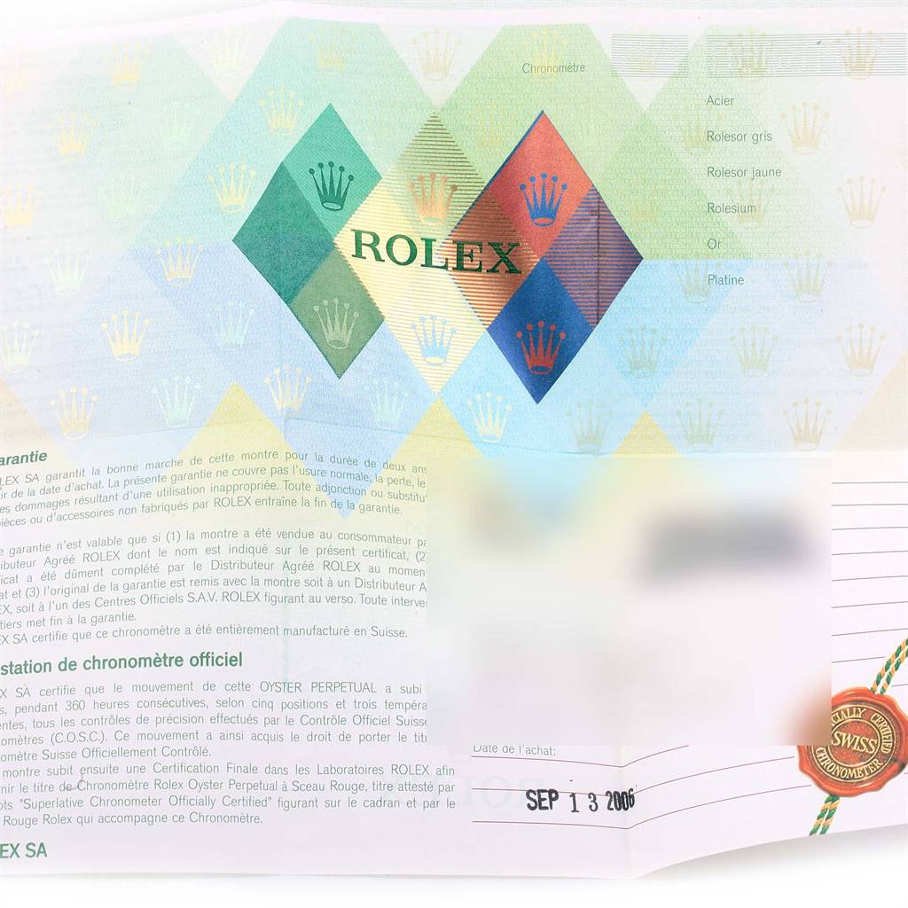 This image shows the warranty card and document for a Rolex Datejust 179174 Women's Stainless Steel Mother of Pearl Dial 179174 Women's Stainless Steel Mother of Pearl Dial watch.