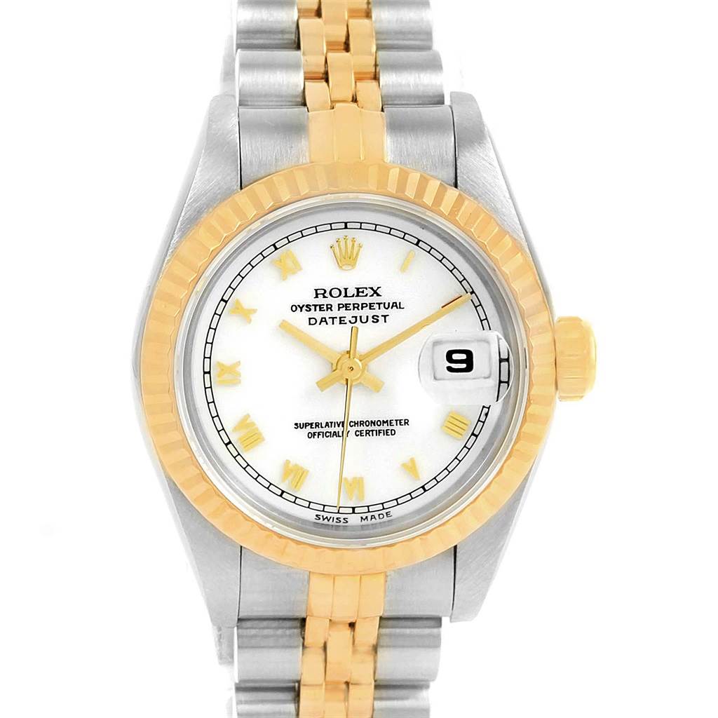 This is a front view of a Rolex Datejust 69173 Women's Stainless Steel White Dial 69173 Women's Stainless Steel White Dial watch showing the face, bezel, crown, and part of the bracelet.