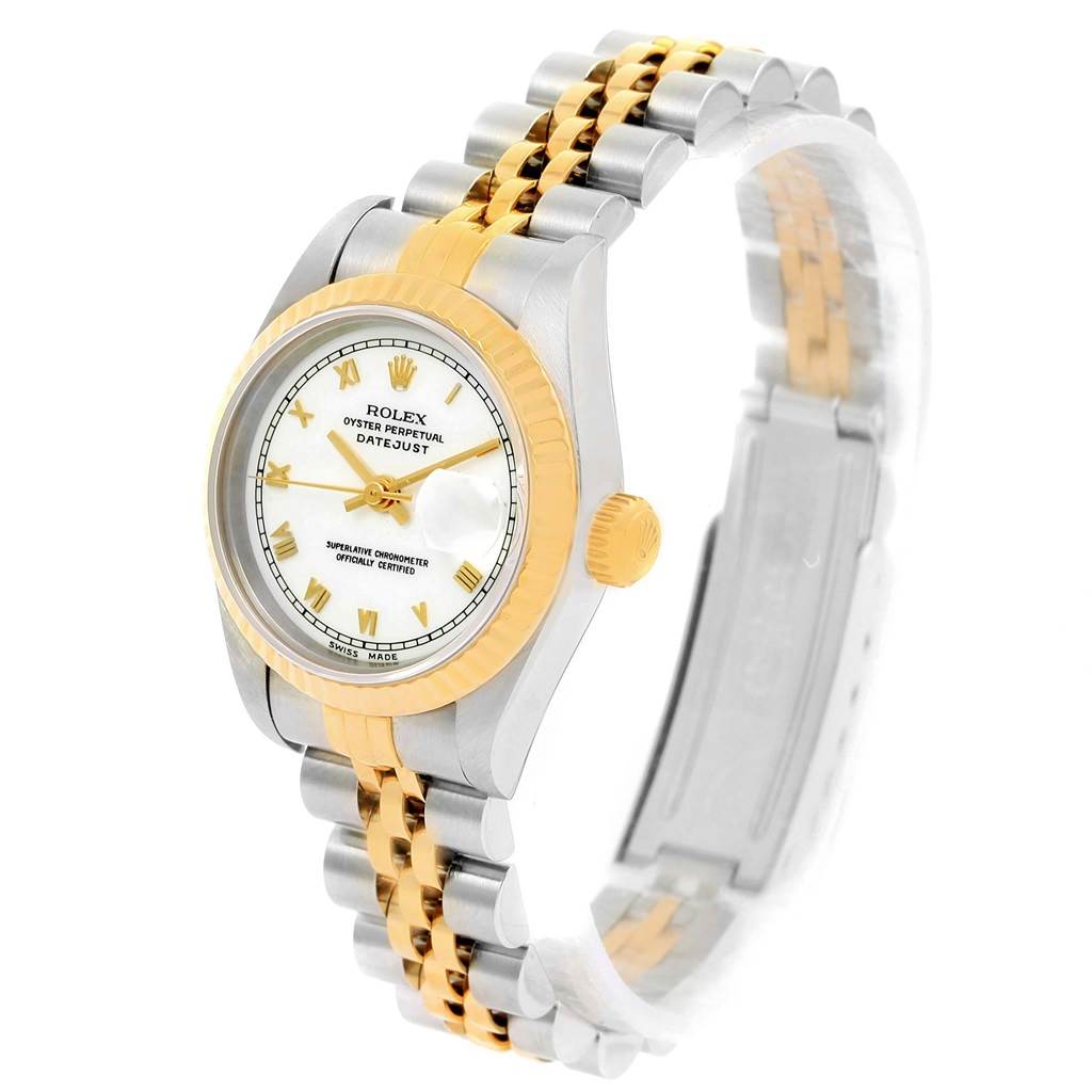 The image shows a Rolex Datejust 69173 Women's Stainless Steel White Dial 69173 Women's Stainless Steel White Dial watch at a three-quarter angle, highlighting the dial, bezel, crown, and Jubilee bracelet.