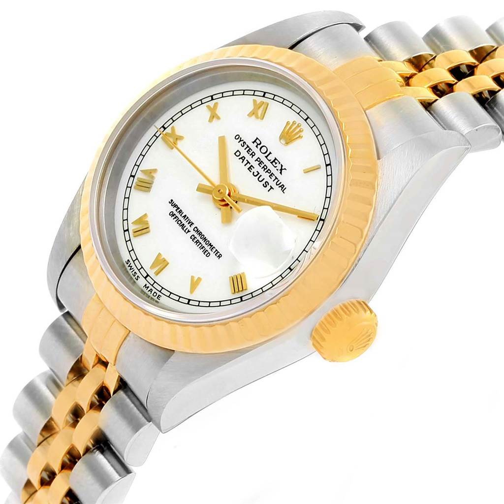 The Rolex Datejust 69173 Women's Stainless Steel White Dial 69173 Women's Stainless Steel White Dial watch is shown at an angle highlighting the face, bezel, crown, and part of the bracelet.
