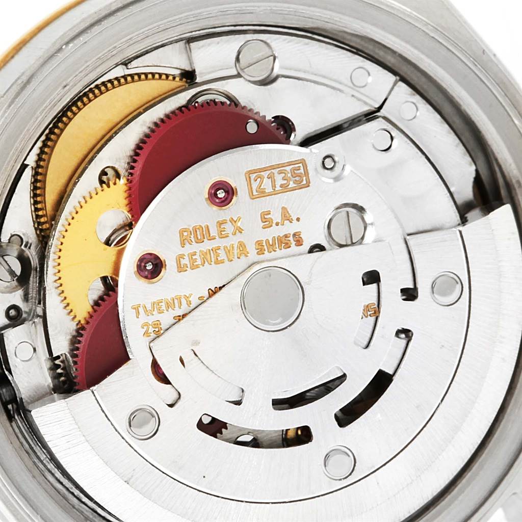 This image shows a close-up view of the movement components inside a Rolex Datejust 69173 Women's Stainless Steel White Dial 69173 Women's Stainless Steel White Dial watch.