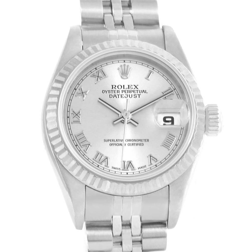 This image shows a front view of the Rolex Datejust 69174 Women's Stainless Steel Silver Dial 69174 Women's Stainless Steel Silver Dial watch, highlighting its dial, bezel, and part of the bracelet.
