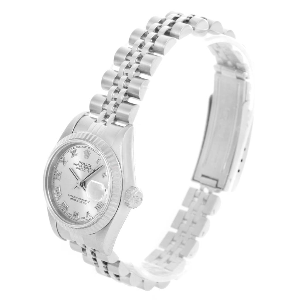 The image shows a Rolex Datejust 69174 Women's Stainless Steel Silver Dial 69174 Women's Stainless Steel Silver Dial watch angled to the left, displaying the watch face, dial, bezel, crown, and bracelet.
