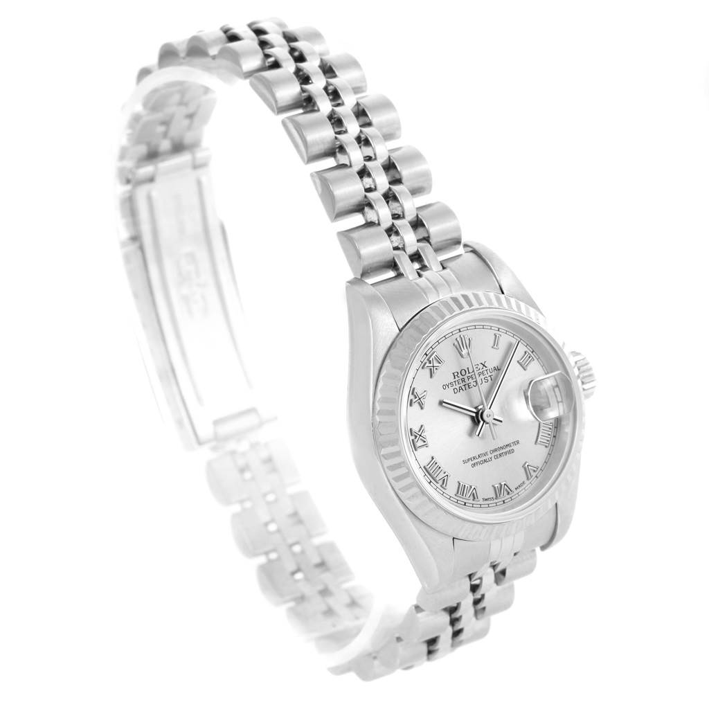 The image shows a Rolex Datejust 69174 Women's Stainless Steel Silver Dial 69174 Women's Stainless Steel Silver Dial watch at an angled view, highlighting the dial, bezel, and bracelet.