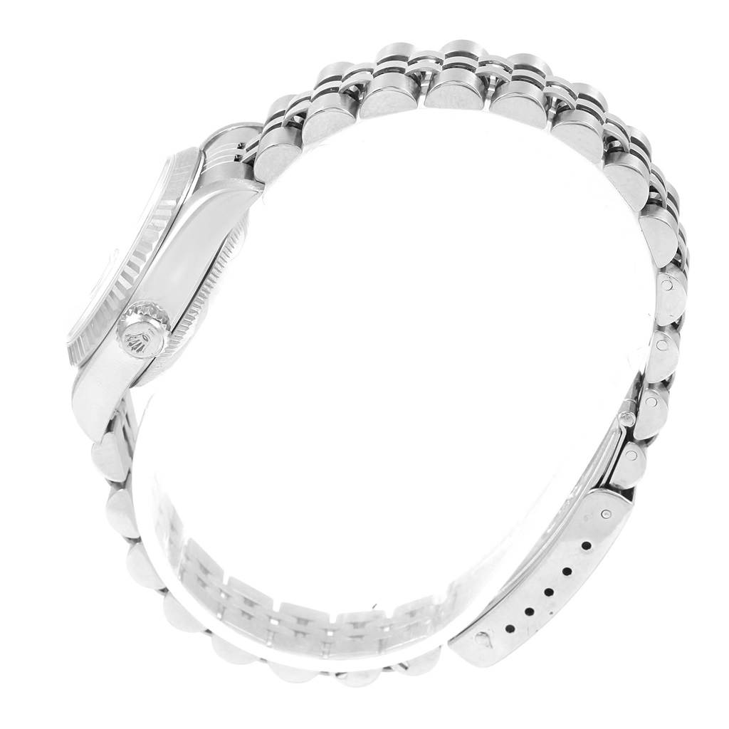 This image shows a side view of a Rolex Datejust 69174 Women's Stainless Steel Silver Dial 69174 Women's Stainless Steel Silver Dial watch, focusing on the bracelet and the crown.