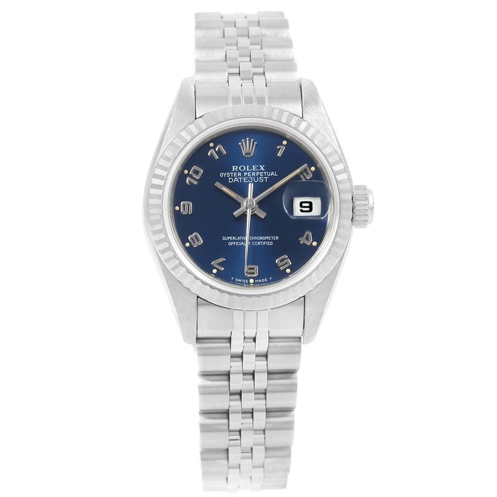 The image shows a front view of the Rolex Datejust 69174 Women's Stainless Steel Blue Dial 69174 Women's Stainless Steel Blue Dial watch, displaying the face, bracelet, and clasp parts.