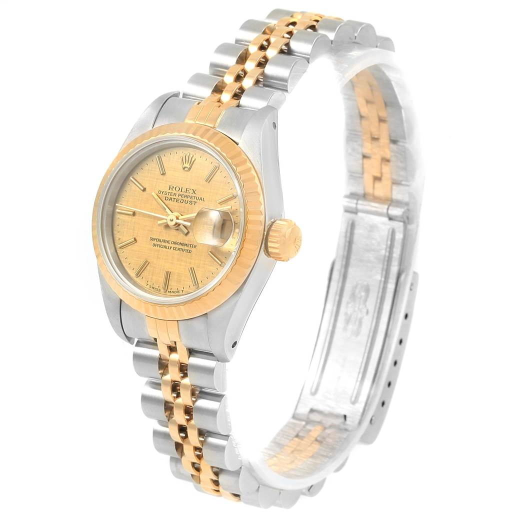 This image shows a Rolex 69173 Men's Stainless Steel Champagne Dial 69173 Men's Stainless Steel Champagne Dial Datejust Steel Yellow Gold Champagne Linen Dial Ladies Watch 69173 angled from the front-right, showcasing the face, bezel, crown, and bracelet.