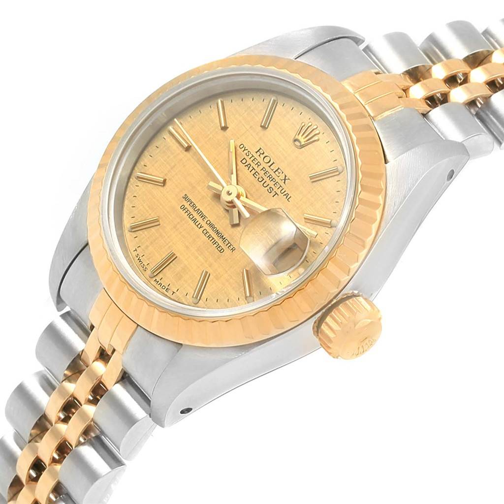 The image shows a Rolex 69173 Men's Stainless Steel Champagne Dial 69173 Men's Stainless Steel Champagne Dial Datejust Steel Yellow Gold Champagne Linen Dial Ladies Watch 69173 at an angled side view highlighting the dial, bezel, crown, and bracelet.