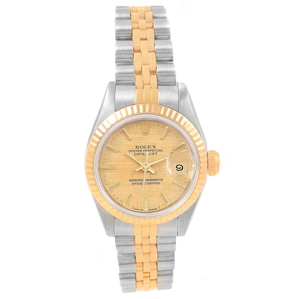 The Rolex 69173 Men's Stainless Steel Champagne Dial 69173 Men's Stainless Steel Champagne Dial Datejust Steel Yellow Gold 69173 model watch is shown from a top-down angle, highlighting its dial, bezel, and bracelet.
